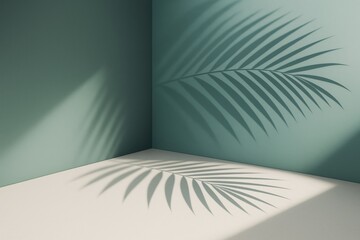 Wall Mural - palm leaf shadow on minimalist green wall and floor in soft sunlight, creating calm abstract backgro