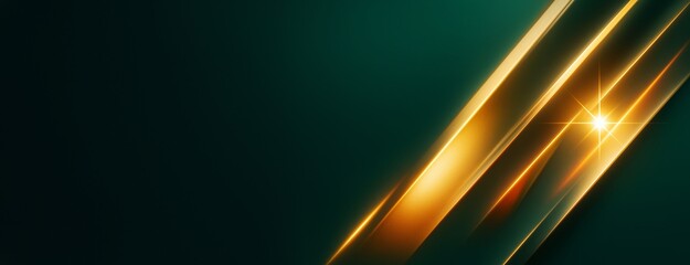 Wall Mural - abstract golden light streaks on dark green background with bright starburst effect, ideal for clean