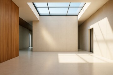 Wall Mural - modern minimalist interior with skylight casting shadows on beige tiled walls and floor, perfect for