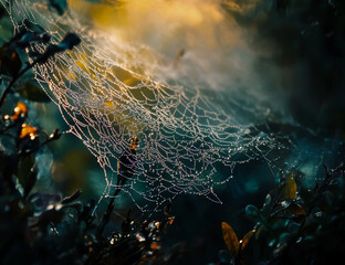 A close-up image of a delicate, dewy spider web captured through macro photography, showcasing water droplets and intricate silk patterns glistening in the natural morning light.