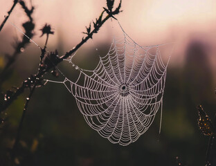 A close-up image of a delicate, dewy spider web captured through macro photography, showcasing water droplets and intricate silk patterns glistening in the natural morning light.