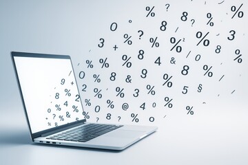 Wall Mural - laptop with floating numbers and symbols on light background symbolizing data flow and digital commu