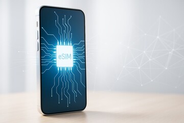 Wall Mural - smartphone with illuminated esim chip interface on screen displaying digital circuits and futuristic