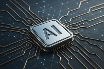 Wall Mural - metallic ai microchip integrated into futuristic circuit board on dark digital background, symbolizi