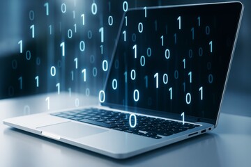 Wall Mural - laptop with binary code hologram floating in the air symbolizing digital data and modern technology 