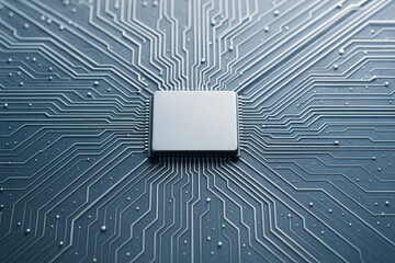 Wall Mural - central microchip on motherboard with connected circuit lines symbolizing tech innovation on dark ba