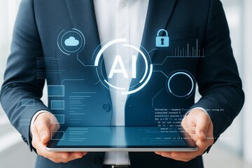 Wall Mural - businessman holding tablet with glowing ai symbols and tech icons on abstract background representin
