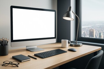 Wall Mural - modern desktop workspace with large computer screen, minimal accessories, and city view background b