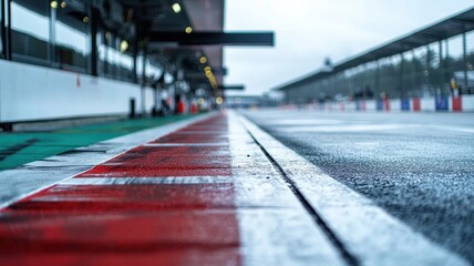 Wall Mural - a captivating view of an empty f1 track with a focus on the pit area. the wet asphalt and vibrant li