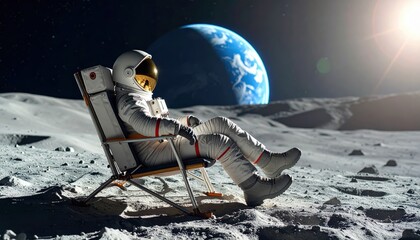 astronaut relaxing on moon, earthrise view