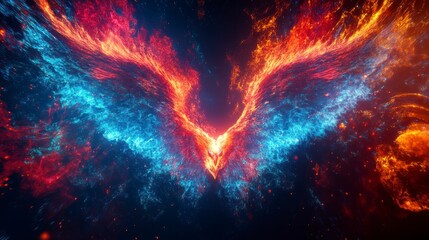 Wall Mural - fiery, abstract wings of blue and red flames with sparks.