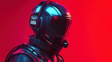 Wall Mural - futuristic astronaut in neon-lit helmet, profile view against red background.