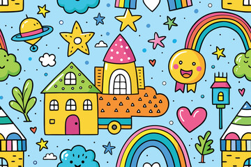  Whimsical Kawaii Pattern Background with Stars, Rainbow, Houses, and Cute Characters