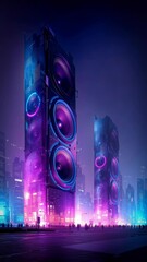 Wall Mural - giant speakers on a city street, blue and purple colors, cyberpunk style, urban and loud music conce