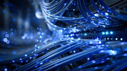 Wall Mural - A network switch with glowing blue data cables in an internet server room