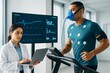 © Who is Danny - Male athlete running on treadmill with oxygen mask during cardiopulmonary exercise test while female doctor monitors data on laptop in lab setting. Ai generative