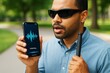© Who is Danny - Visually impaired man using voice assistant on smartphone while walking outdoors with cane, demonstrating accessible technology use. Ai generative