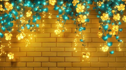 Wall Mural - glowing blue and yellow flowers on yellow brick wall – festive floral background with lights for dec