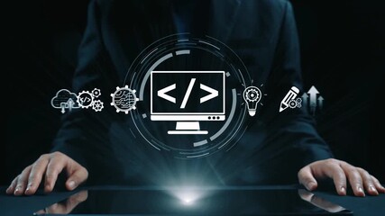 Modern web development concept featuring coding symbols, web development process, web development interface, and web development tools with futuristic design. Elide