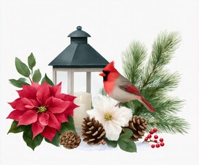 Wall Mural - red cardinal bird sitting near christmas lantern with poinsettia, pine cones, white flower and snow
