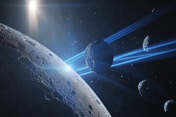 Wall Mural - Asteroids traveling through the solar system with luminous trails in deep space, 3D of asteroids flying through solar system with planet and blue light in the background