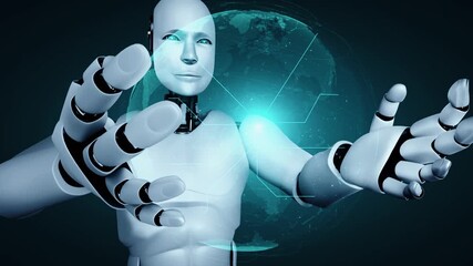 Wall Mural - ai hominoid robot holding virtual hologram screen showing concept of big data analytic using artific