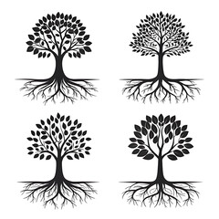 Four stylized black silhouette trees with visible root systems