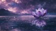 © thenort - Serene purple lotus flower blossoms on calm water under a starry night sky, reflecting in the still surface.