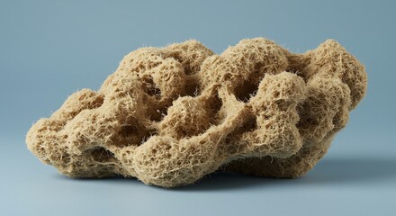Beige fibrous irregular object with a porous netlike texture on a light blue background