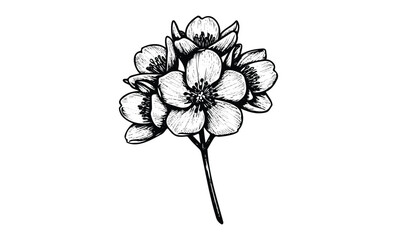 Wall Mural - intricate black and white cherry blossom illustration with detailed petals. vector retro hand drawn 
