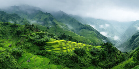Wall Mural - landscape with green rice terraces in the mountains in fog in Asia in Vietnam. Panoramic top view from above of rice checks in field in summer in Thailand