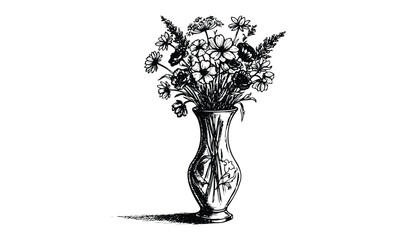 Wall Mural - intricate black-and-white sketch of wildflower bouquet in vintage vase. vector retro hand drawn illu
