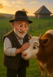 © Natalia - An elderly farmer stands peacefully on a sunny meadow beside his cow. The man is dressed in simple, time-worn clothes, gently holding a walking stick or resting a hand on the cow’s back. The atmospher