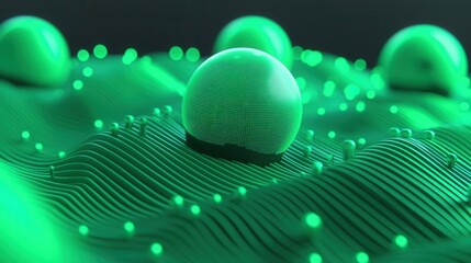 Wall Mural - nature conservation concept. abstract green spheres floating over wavy lines and glowing dots.