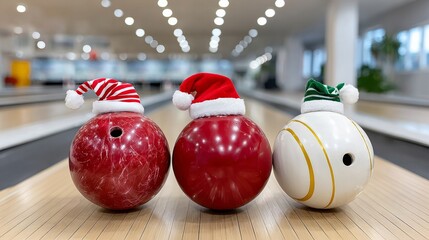 Wall Mural - three bowling balls with santa hats on them. the balls are red, white, and gold. the image has a fes