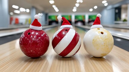 Wall Mural - three bowling balls with santa hats on them. the balls are red, white and yellow. scene is festive a