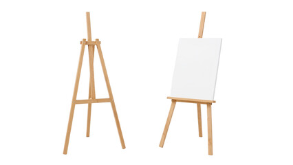 Artistic display with wooden easels and pristine blank canvas on transparent background