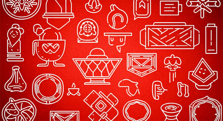 Abstract pattern of various outlined objects on a red background.