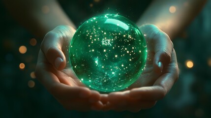 Wall Mural - Woman's hands gently hold a glowing green crystal ball, with the letters ESR subtly inscribed within.