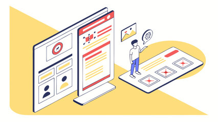 Isometric web development design process for website creation and user interface experience and development