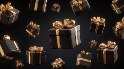 Wall Mural - Floating black gift boxes with gold ribbons against a dark background, creating an elegant and festive atmosphere.