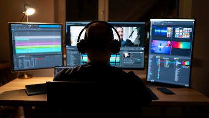 Person wearing headphones working on multiple computer monitors displaying editing software image