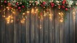 © thenort - Festive floral arrangement with fairy lights on rustic wooden background.