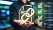 © Graphics_Bazaar - Backlink strategy ensuring SEO optimization A man holds a glowing file with linked chain and checklists for robust