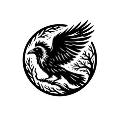 A raven in flight amidst branches, depicted in a circular drawing