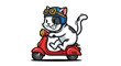 © agungwi - A mischievous cartoon cat, wearing goggles and a helmet, rides a red scooter with a smirk.