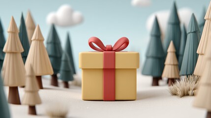 Wall Mural - a yellow gift box with a red ribbon sits in a whimsical, snowy forest scene with stylized trees and 