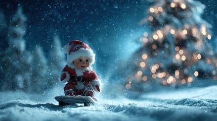 Wall Mural - a cute toy in a santa outfit sleds through a snowy winter scene, with a lit christmas tree in the ba