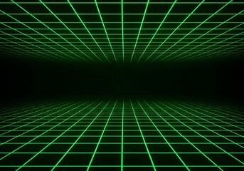 abstract gemini technology background featuring a green laser grid with a vanishing point perspectiv