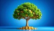 © Digistock - A thriving money tree with golden coin foliage and a solid trunk on blue background